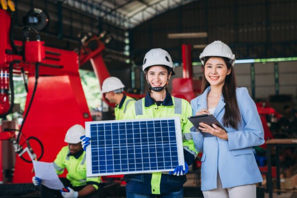 Engineers and foreman inspecting and meeting about the automated arms machine welding robots. Worker industry inspect and analyze solar panels.