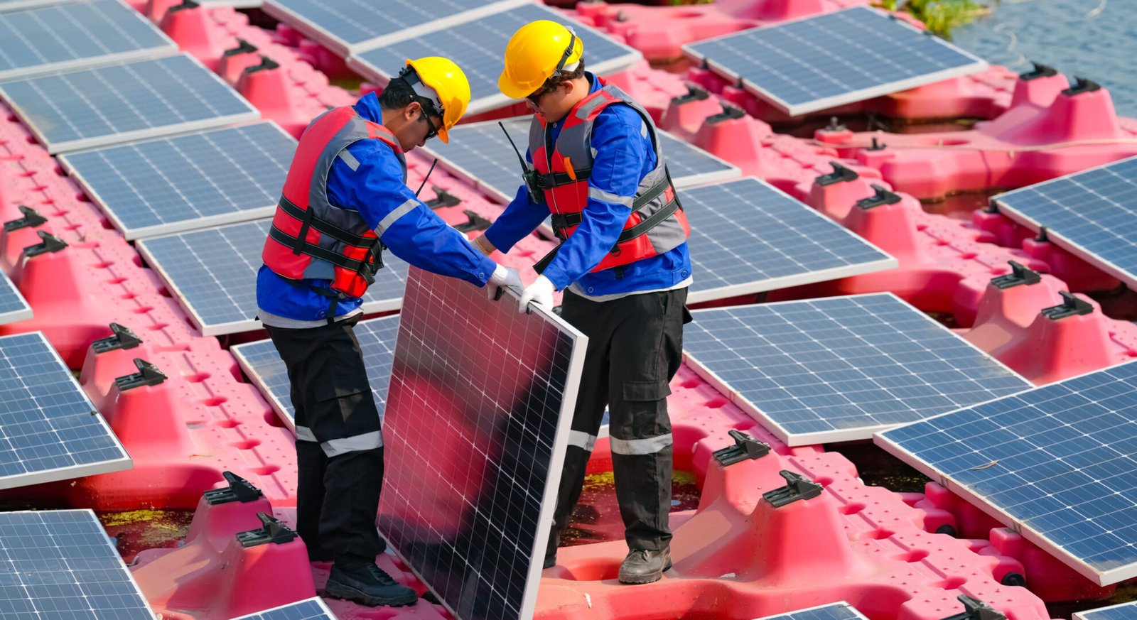 Aerial view floating solar cell power plant with solar cell generate the electric on the lake, Floating solar panels and cell platform on the water ecological energy, Alternative renewable energy.