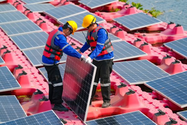 Aerial view floating solar cell power plant with solar cell generate the electric on the lake, Floating solar panels and cell platform on the water ecological energy, Alternative renewable energy.